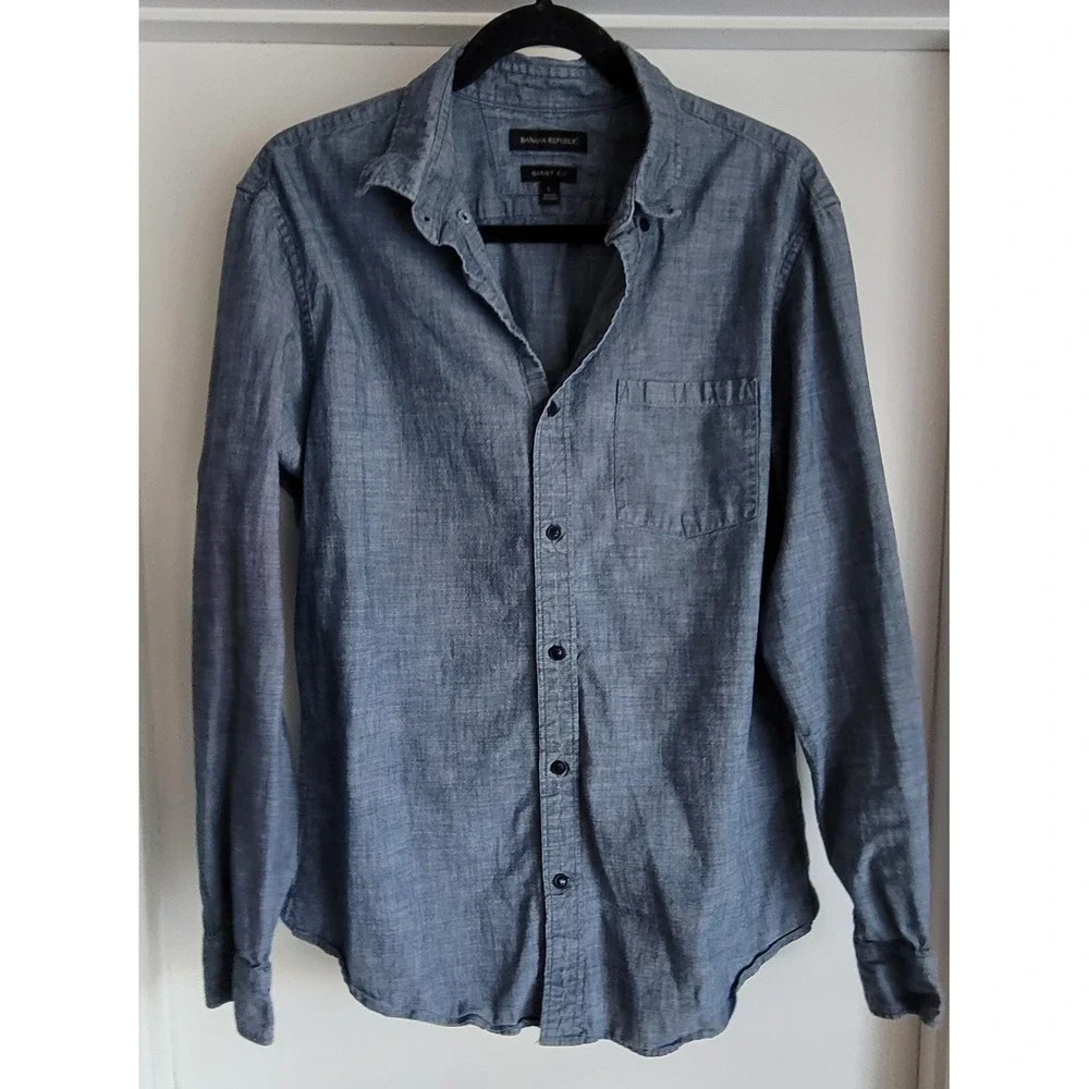Banana Republic Men Long Sleeve Cotton Shirt L Blue Solid Collared Button-Up